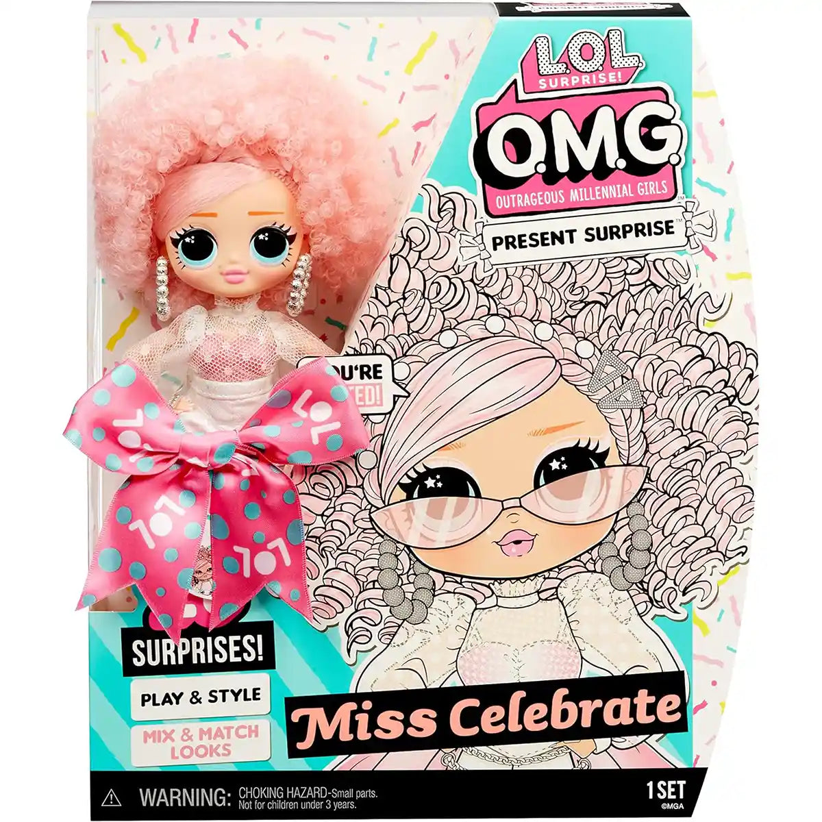 L.O.L. Surprise OMG Birthday Doll, Miss Celebrate Fashion Doll with 20 Surprises, Mix-and-Match Outfits, Accessories, and Doll Stand