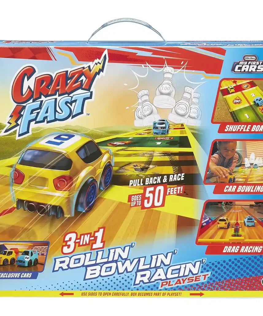 Little Tikes Crazy Fast 3-in-1 Rollin’ Bowlin’ Racing Playset, Multicolor, with 2 Cars, 12ft Track, Bowling Pins & Launcher, Ages 3+