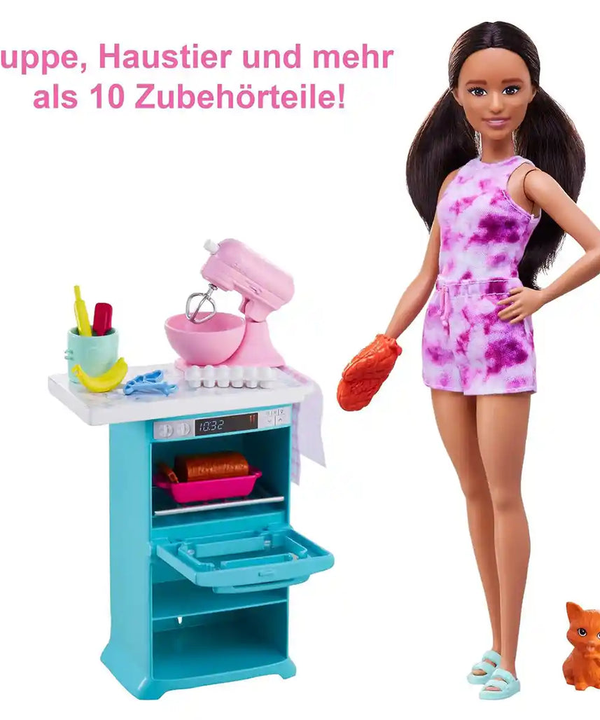 مجموعة ألعاب مطبخ باربي مع فرن وخلاط دوار وقطط أليفة وإكسسوارات خبز، دمية سمراء بطول 10.5 بوصة للأطفال من سن 3 إلى 7 سنوات