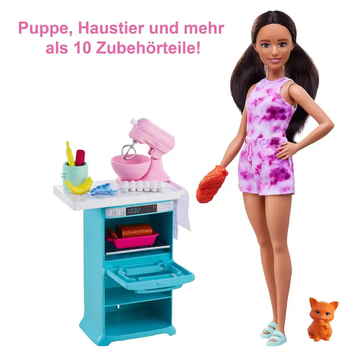 مجموعة ألعاب مطبخ باربي مع فرن وخلاط دوار وقطط أليفة وإكسسوارات خبز، دمية سمراء بطول 10.5 بوصة للأطفال من سن 3 إلى 7 سنوات