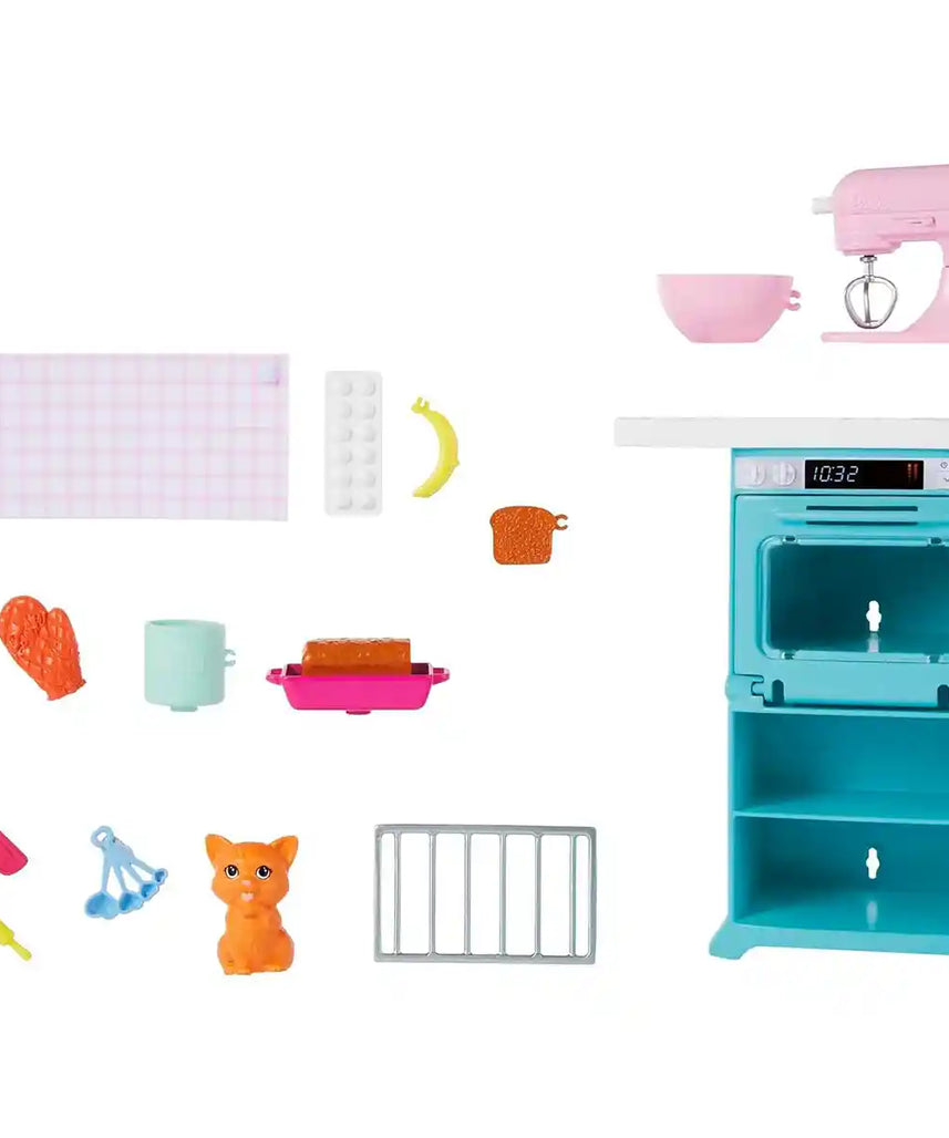مجموعة ألعاب مطبخ باربي مع فرن وخلاط دوار وقطط أليفة وإكسسوارات خبز، دمية سمراء بطول 10.5 بوصة للأطفال من سن 3 إلى 7 سنوات