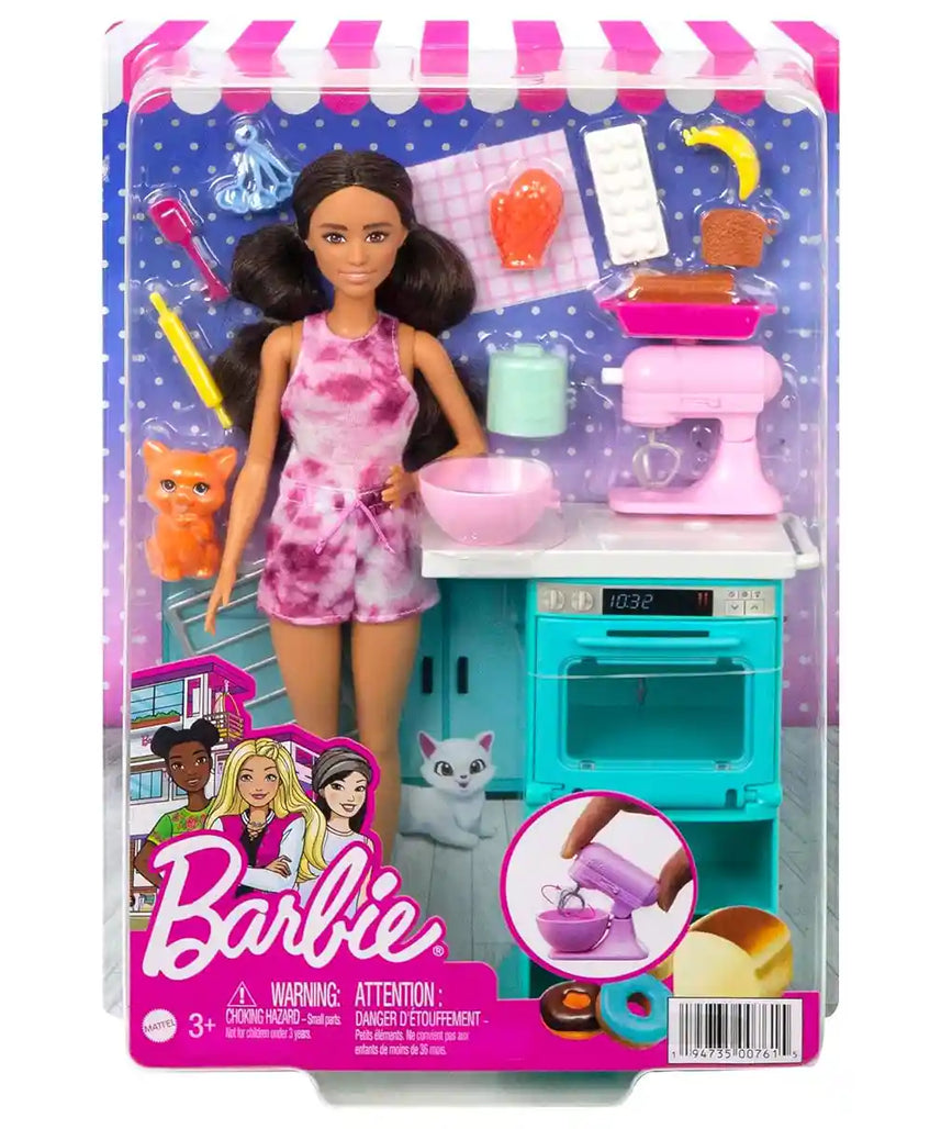 مجموعة ألعاب مطبخ باربي مع فرن وخلاط دوار وقطط أليفة وإكسسوارات خبز، دمية سمراء بطول 10.5 بوصة للأطفال من سن 3 إلى 7 سنوات