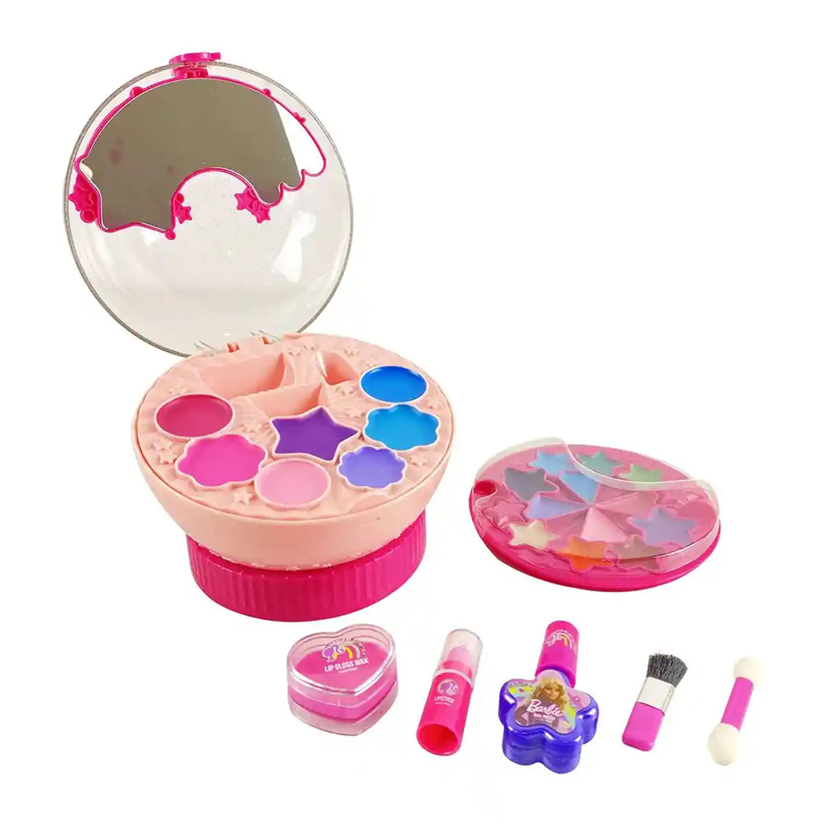 صندوق مستحضرات التجميل الكريستالي من باربي للأطفال من سن 6 سنوات فما فوق، مجموعة مكياج كرة الكريستال مع ملمع شفاه وظلال عيون وطلاء أظافر وإكسسوارات