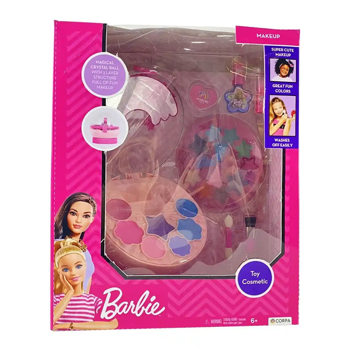 صندوق مستحضرات التجميل الكريستالي من باربي للأطفال من سن 6 سنوات فما فوق، مجموعة مكياج كرة الكريستال مع ملمع شفاه وظلال عيون وطلاء أظافر وإكسسوارات