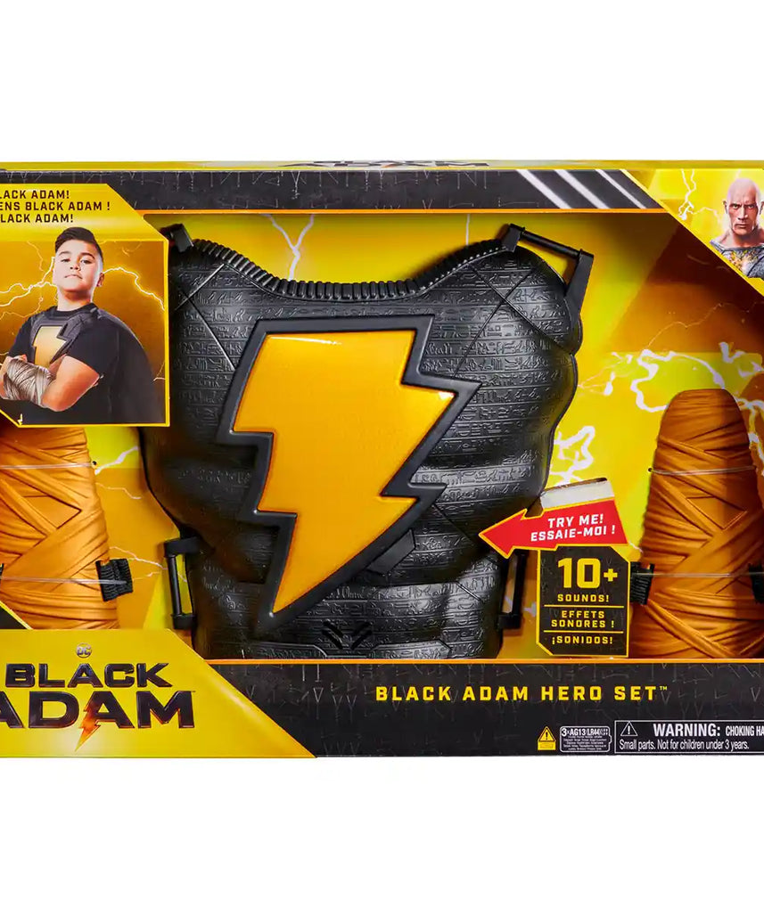 مجموعة لعب الأدوار الفاخرة بلاك آدم من دي سي كوميكس، لوحة صدر إلكترونية، قفازات ذهبية، وعباءة مع أضواء وأصوات، زي بطل خارق للأطفال من سن 4 سنوات فما فوق