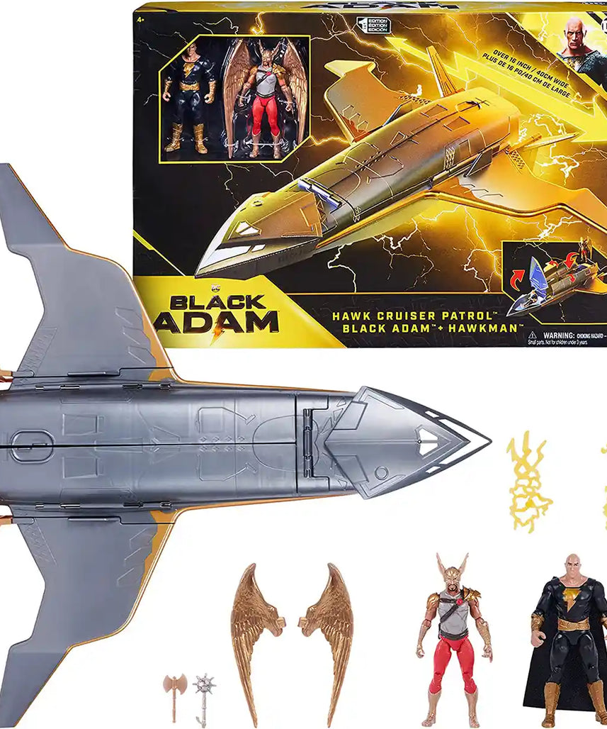 مجموعة ألعاب دي سي كوميكس هوك كروزر باترول مع شخصيات بلاك آدم وهوكمان المتحركة مقاس 4 بوصات، لعبة الأبطال الخارقين بطول 16 بوصة للأطفال من سن 4 سنوات فما فوق