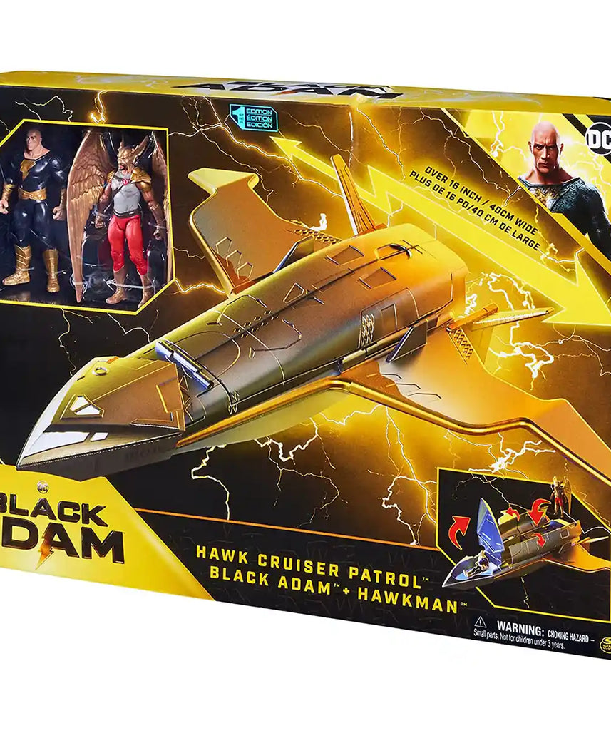 مجموعة ألعاب دي سي كوميكس هوك كروزر باترول مع شخصيات بلاك آدم وهوكمان المتحركة مقاس 4 بوصات، لعبة الأبطال الخارقين بطول 16 بوصة للأطفال من سن 4 سنوات فما فوق
