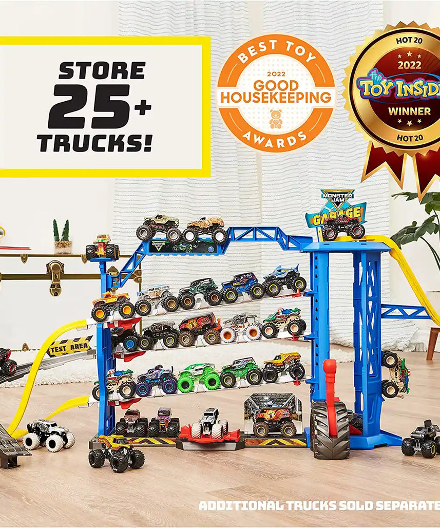 Monster Jam Garage Playset, Storage, Exclusive Grave Digger Monster Truck, Lights and Sounds, Epic Stunt Ramps, Kids Toys for Boys and Girls Ages 3+