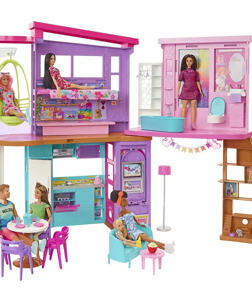 Barbie Malibu House 2-Story Dollhouse with 25+ Accessories & Transformation Features – Dollhouses for Kids Ages 3+