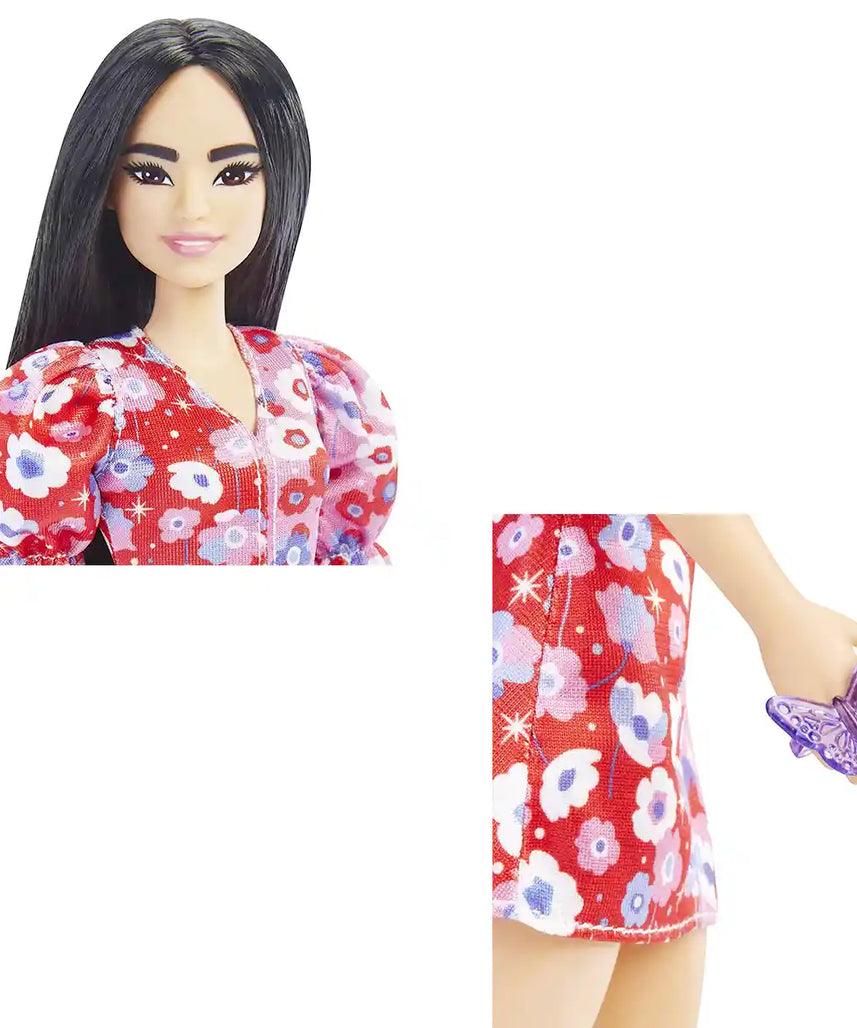 دمية باربي فاشونيستاس، شعر أسود طويل، فستان زهري ملون، أكمام منتفخة، كعب أرجواني، حلقة فراشة، لعبة للأطفال من عمر 3 إلى 8 سنوات