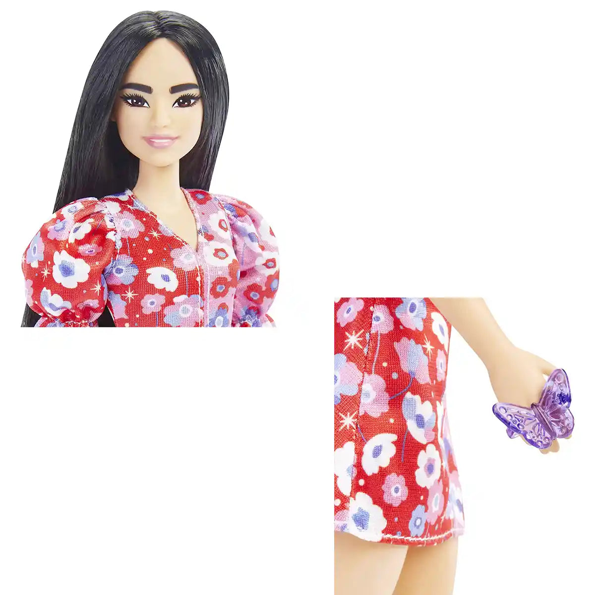 دمية باربي فاشونيستاس، شعر أسود طويل، فستان زهري ملون، أكمام منتفخة، كعب أرجواني، حلقة فراشة، لعبة للأطفال من عمر 3 إلى 8 سنوات
