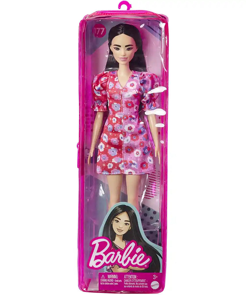 دمية باربي فاشونيستاس، شعر أسود طويل، فستان زهري ملون، أكمام منتفخة، كعب أرجواني، حلقة فراشة، لعبة للأطفال من عمر 3 إلى 8 سنوات