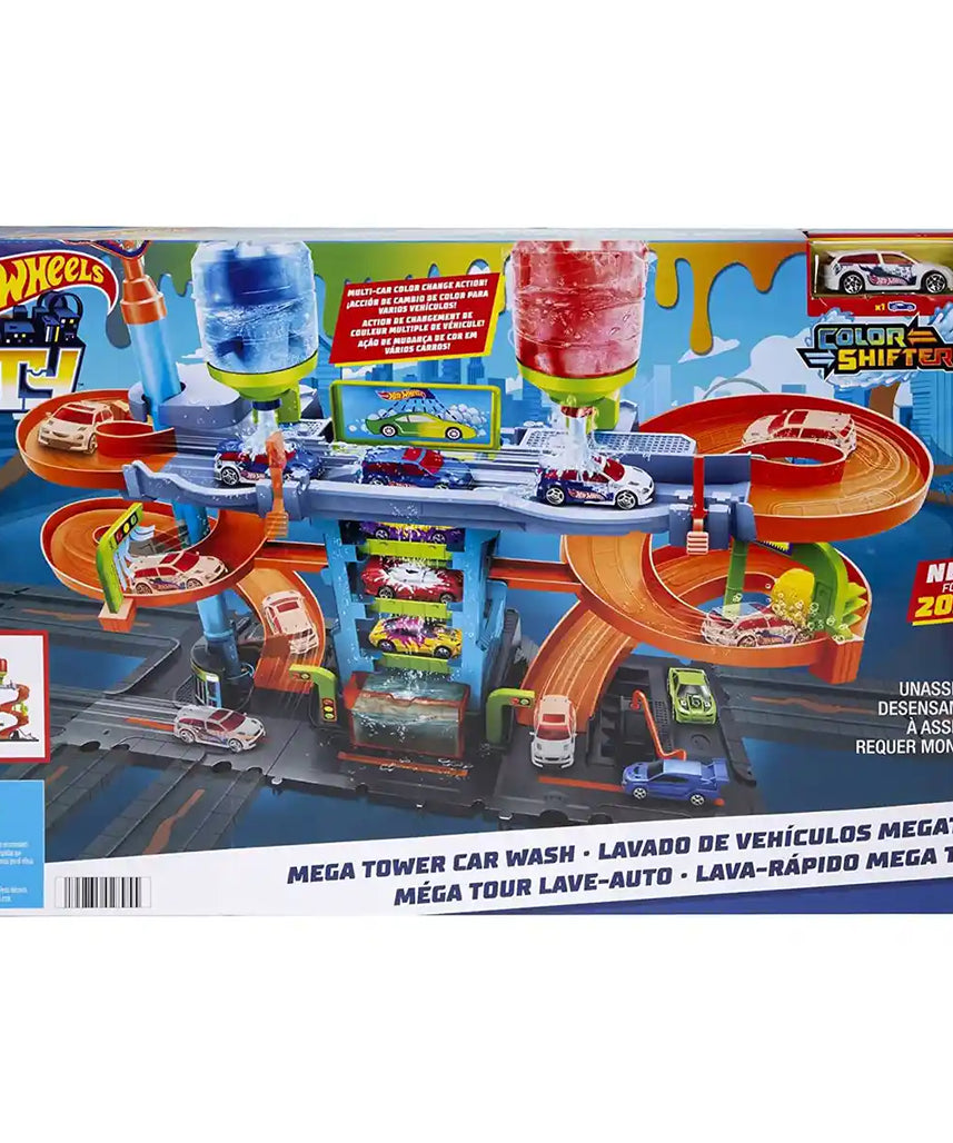 Hot Wheels City Mega Car Wash Playset with 1 Color Shifters Car, No-Mess Water Play, Track Features, Connects to Other Sets, Kids Toys for Ages 3 and Up