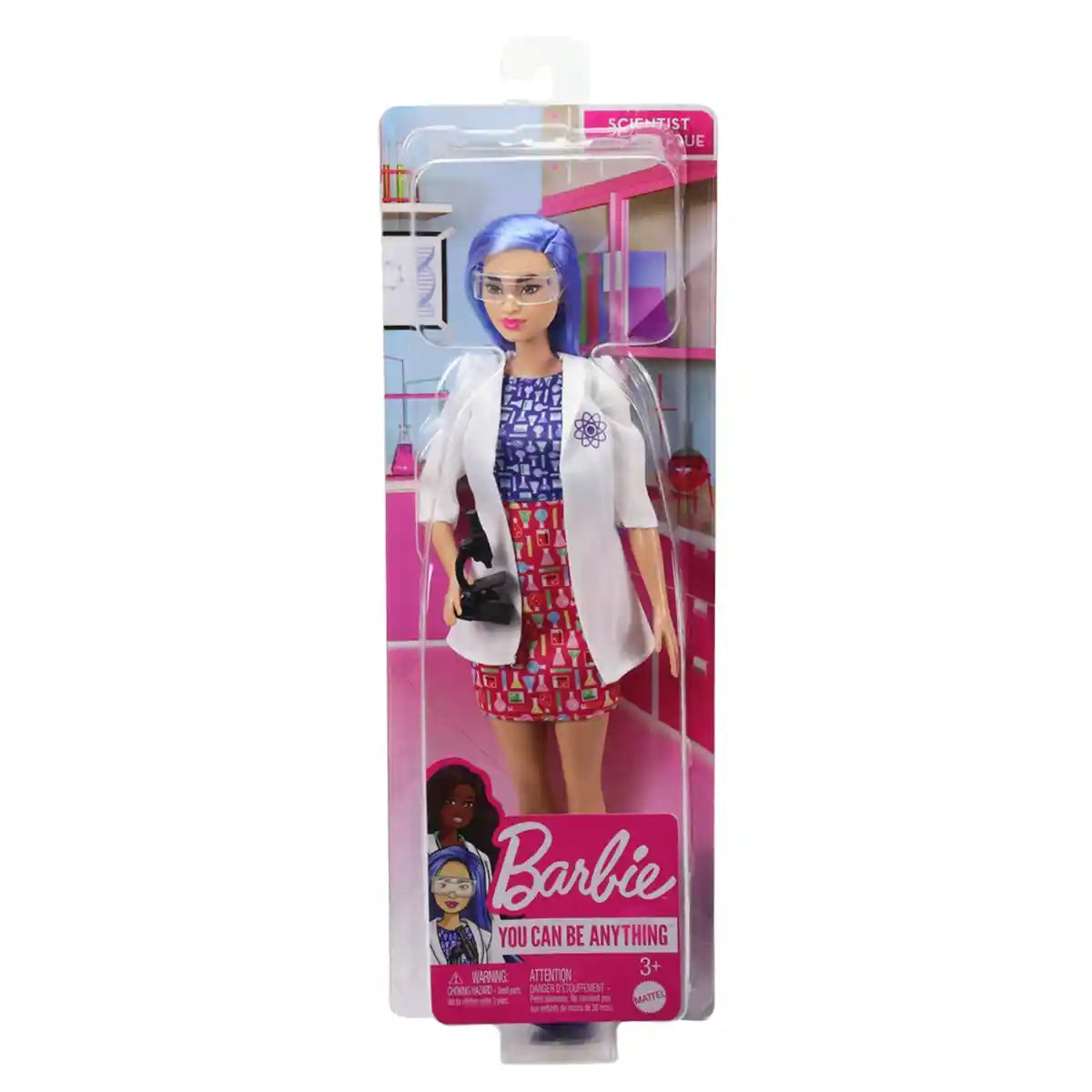 دمية عالمة باربي بطول 12 بوصة مع شعر أزرق اللون وفستان ومعطف مختبر وإكسسوار مجهر للأطفال من سن 3 سنوات فما فوق