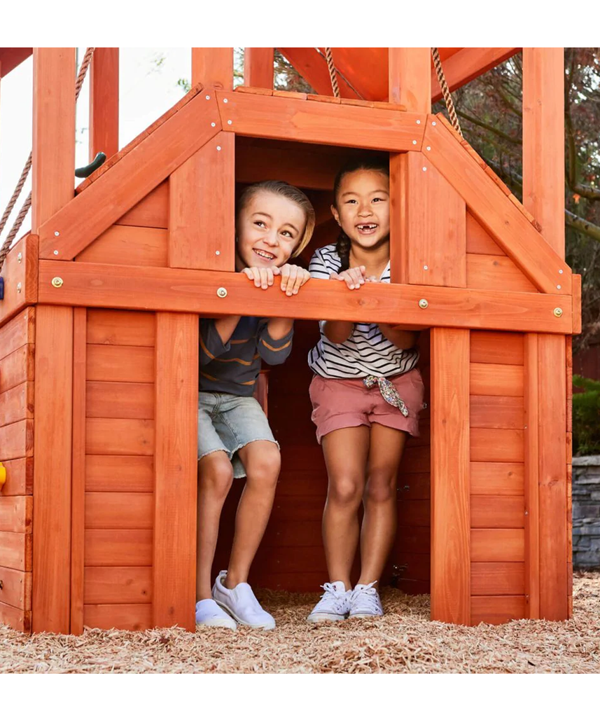 بيت التسلق من ليتل تايكس، مصنوع من الخشب الحقيقي - مجموعة ألعاب خشبية للفناء الخلفي مع نادي، وجدران تسلق صخرية، ومظلات - متعة خارجية للأطفال من سن 3 إلى 10 سنوات