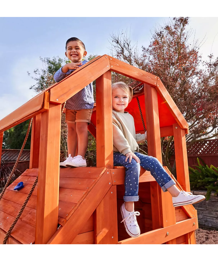 بيت التسلق من ليتل تايكس، مصنوع من الخشب الحقيقي - مجموعة ألعاب خشبية للفناء الخلفي مع نادي، وجدران تسلق صخرية، ومظلات - متعة خارجية للأطفال من سن 3 إلى 10 سنوات