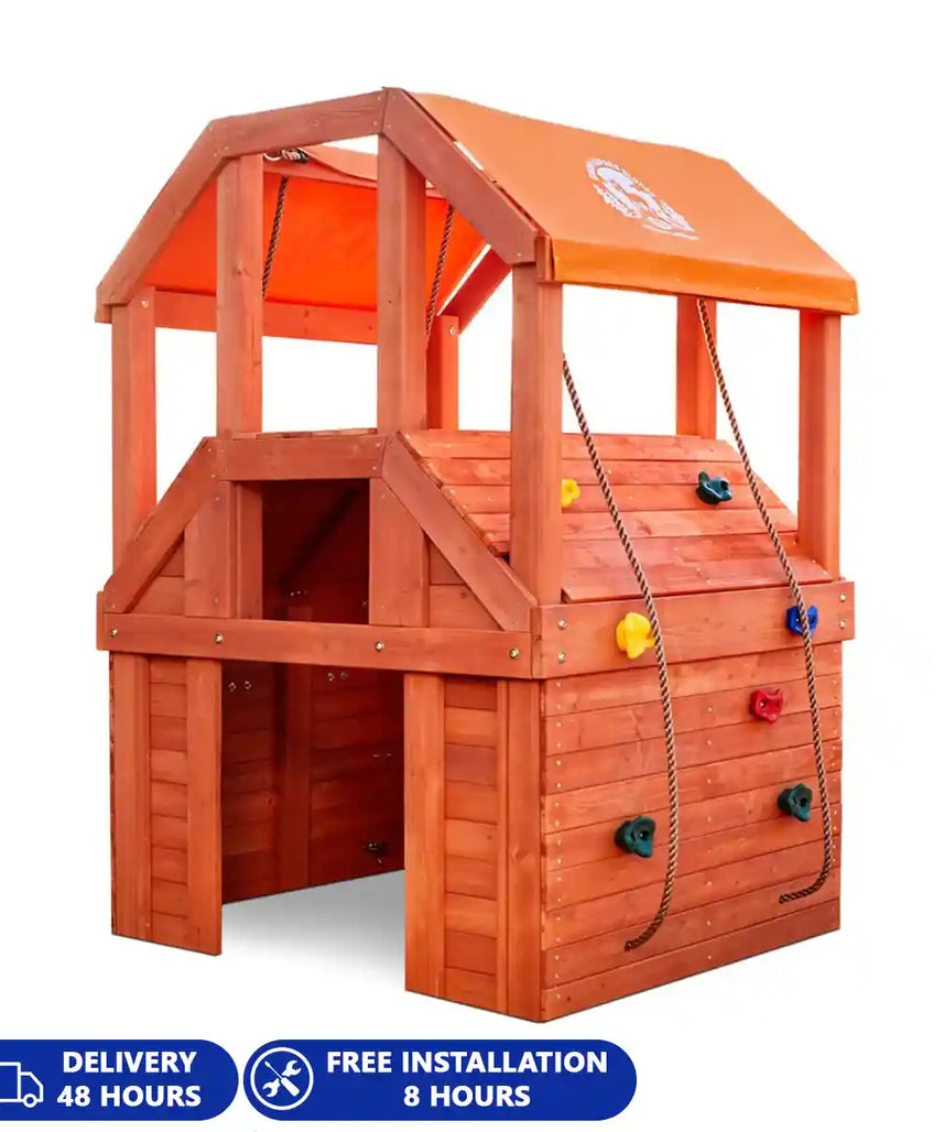 بيت التسلق من ليتل تايكس، مصنوع من الخشب الحقيقي - مجموعة ألعاب خشبية للفناء الخلفي مع نادي، وجدران تسلق صخرية، ومظلات - متعة خارجية للأطفال من سن 3 إلى 10 سنوات