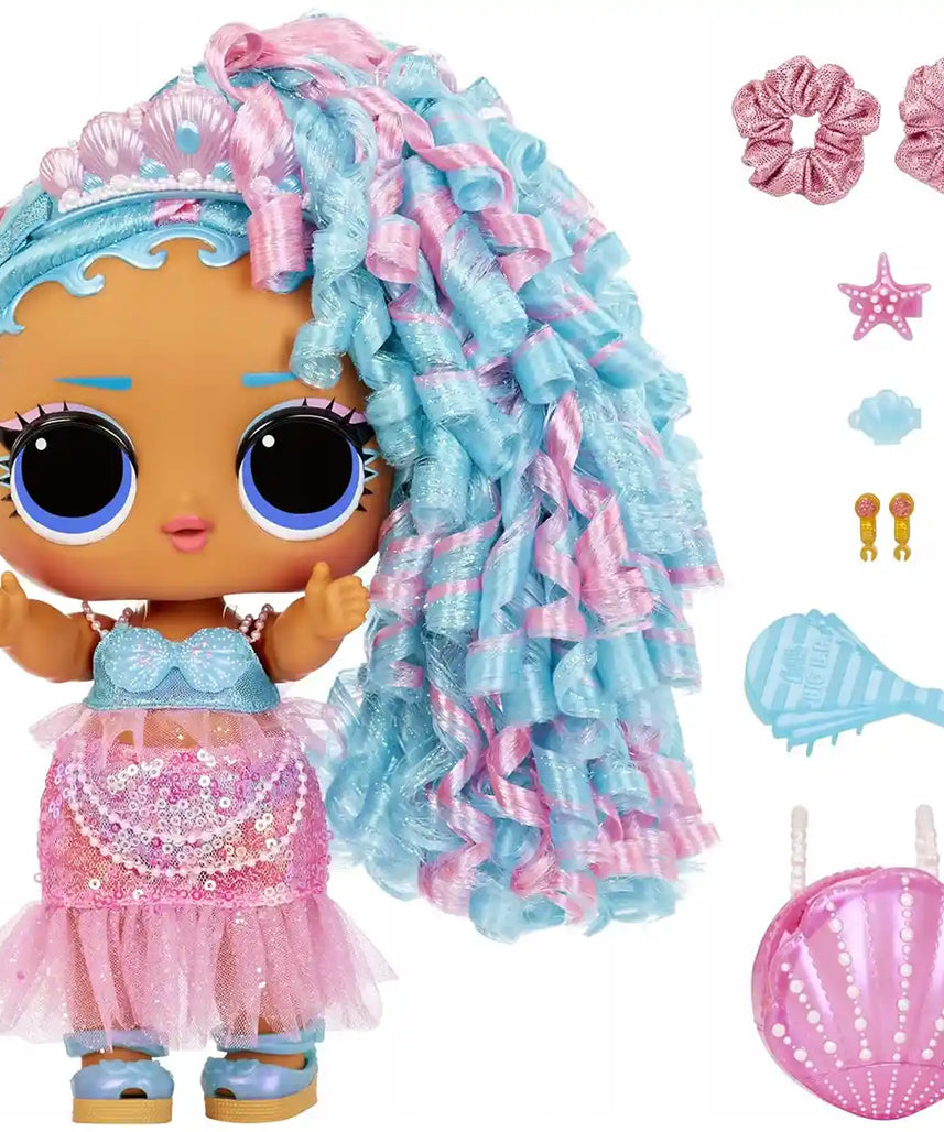 دمية إل أو إل سربرايز بيج بيبي، شعر، شعر، ملكة سبلاش، دمية بطول 11 بوصة، شعر وفستان أزرق وردي، شعر متجذر، ملحقات قابلة للمشاركة، حقيبة ظهر متضمنة، لعبة للعطلات، هدية للأطفال من سن 4 سنوات فما فوق