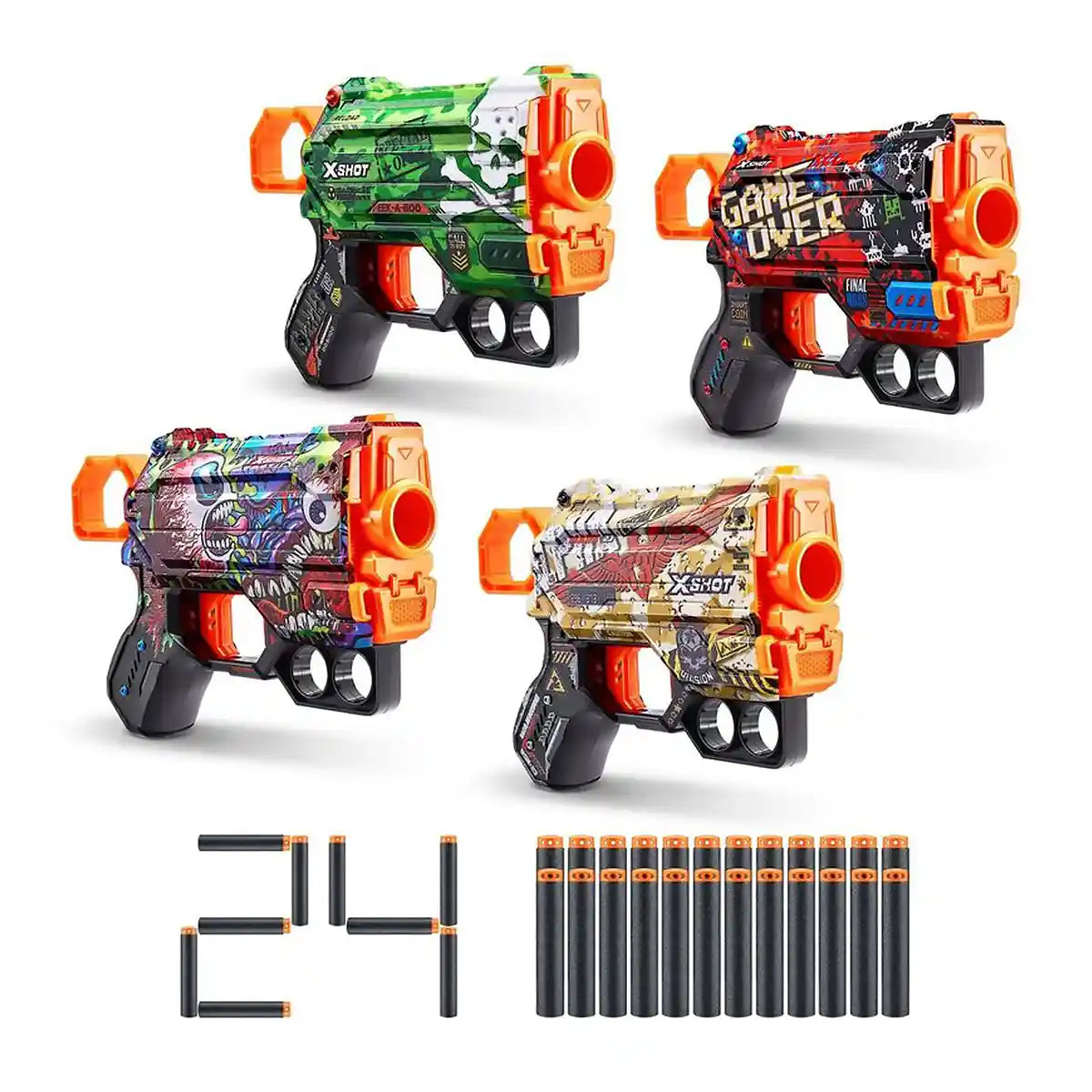 مجموعة مسدسات السهام X-Shot Skins Menace، 4 قطع، 24 سهمًا من الفوم، تقنية Air Pocket، سهم واحد + 2 سهم للتخزين، ألوان متعددة، مدى 27 شهرًا، للأعمار من 8 سنوات فما فوق