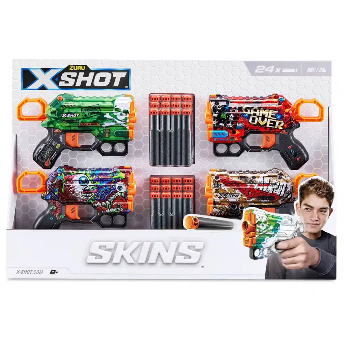 مجموعة مسدسات السهام X-Shot Skins Menace، 4 قطع، 24 سهمًا من الفوم، تقنية Air Pocket، سهم واحد + 2 سهم للتخزين، ألوان متعددة، مدى 27 شهرًا، للأعمار من 8 سنوات فما فوق