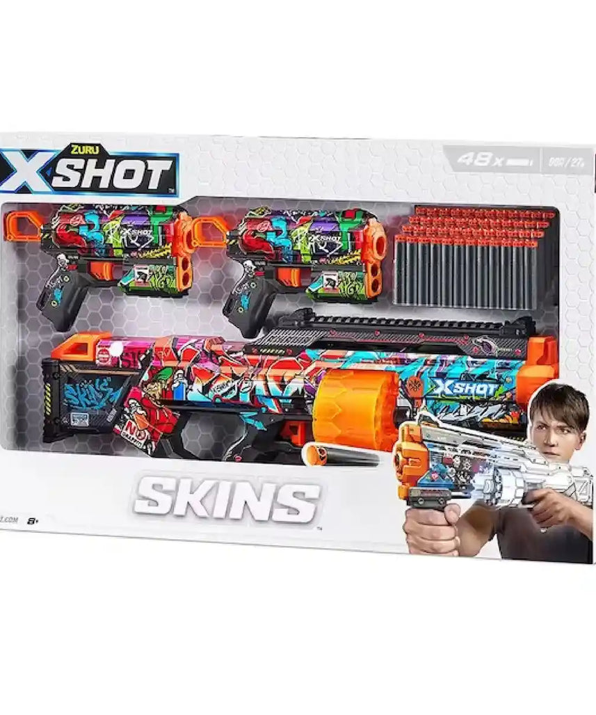 X-Shot Skins Mix Combo Pack, Last Stand & 2-Pack Flux Blasters, Customizable Toy Guns, Air Pocket Technology, 27m / 90ft Range, Outdoor Play, Boys & Girls, Holiday & Vacation Fun