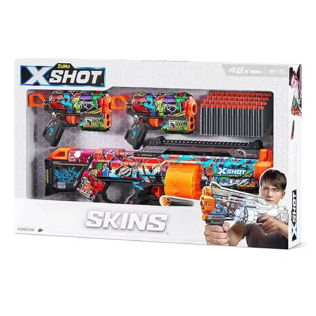 مجموعة إكس شوت سكينز كومبو، لاست ستاند وعبوتين من مسدسات فلكس، مسدسات لعب قابلة للتخصيص، تقنية إير بوكيت، مدى ٢٧ مترًا / ٩٠ قدمًا، ألعاب خارجية، للأولاد والبنات، متعة العطلات والإجازات