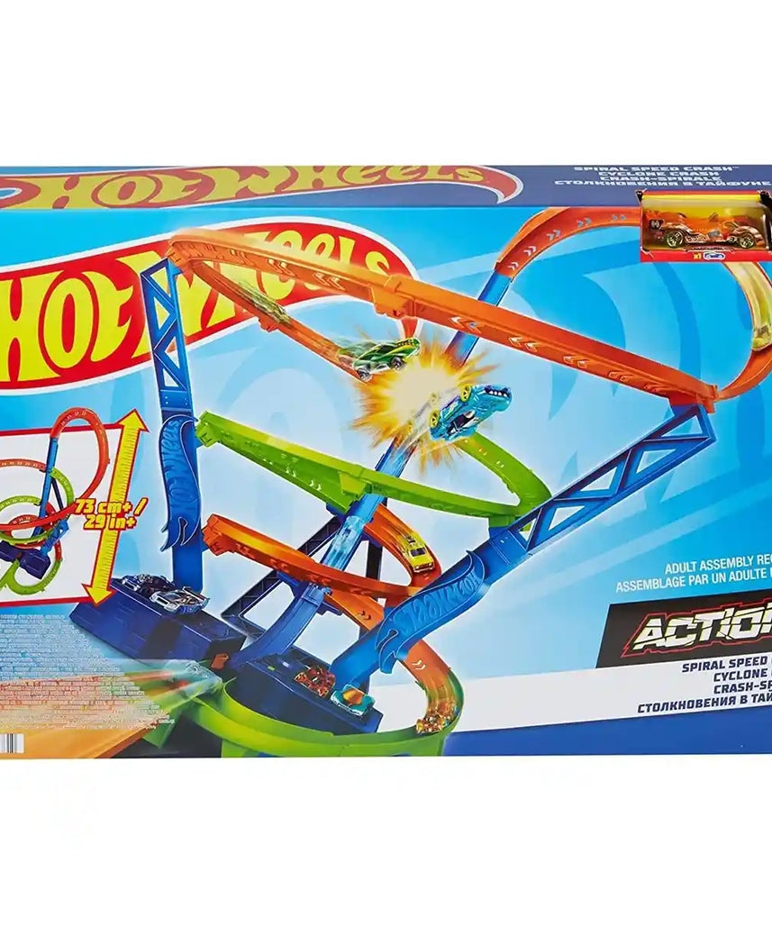 مجموعة ألعاب هوت ويلز أكشن سايكلون كراش، مسار حلزوني مع مناطق تأثير متعددة، مسرع آلي، تتضمن سيارة هوت ويلز واحدة من السبائك المعدنية، ألعاب للأطفال من سن 4 سنوات فما فوق
