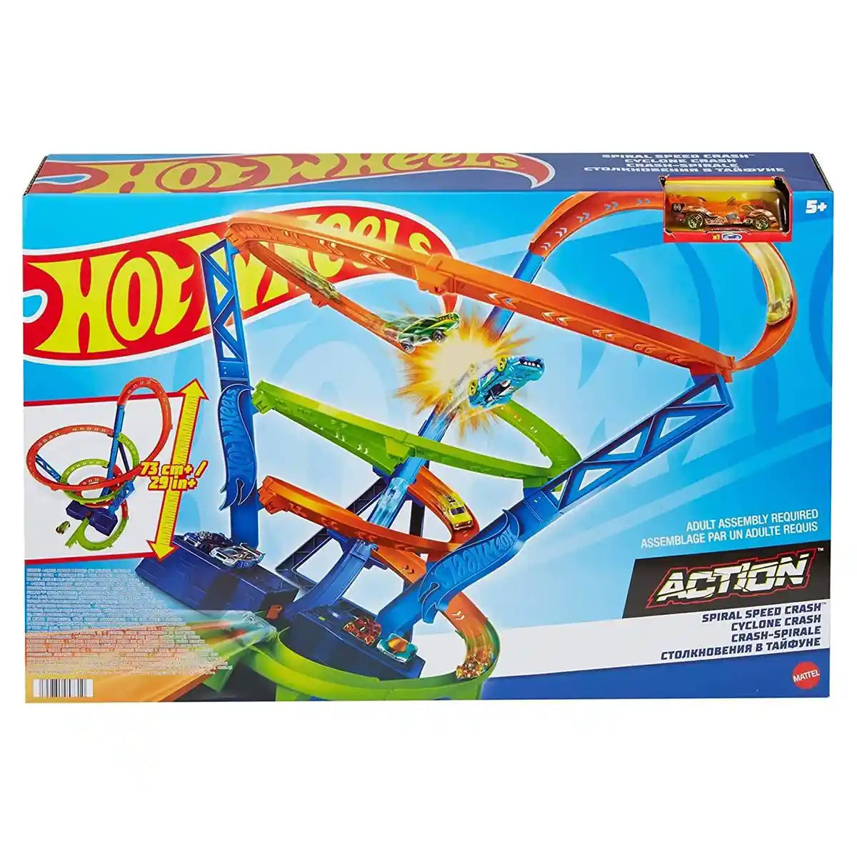 مجموعة ألعاب هوت ويلز أكشن سايكلون كراش، مسار حلزوني مع مناطق تأثير متعددة، مسرع آلي، تتضمن سيارة هوت ويلز واحدة من السبائك المعدنية، ألعاب للأطفال من سن 4 سنوات فما فوق