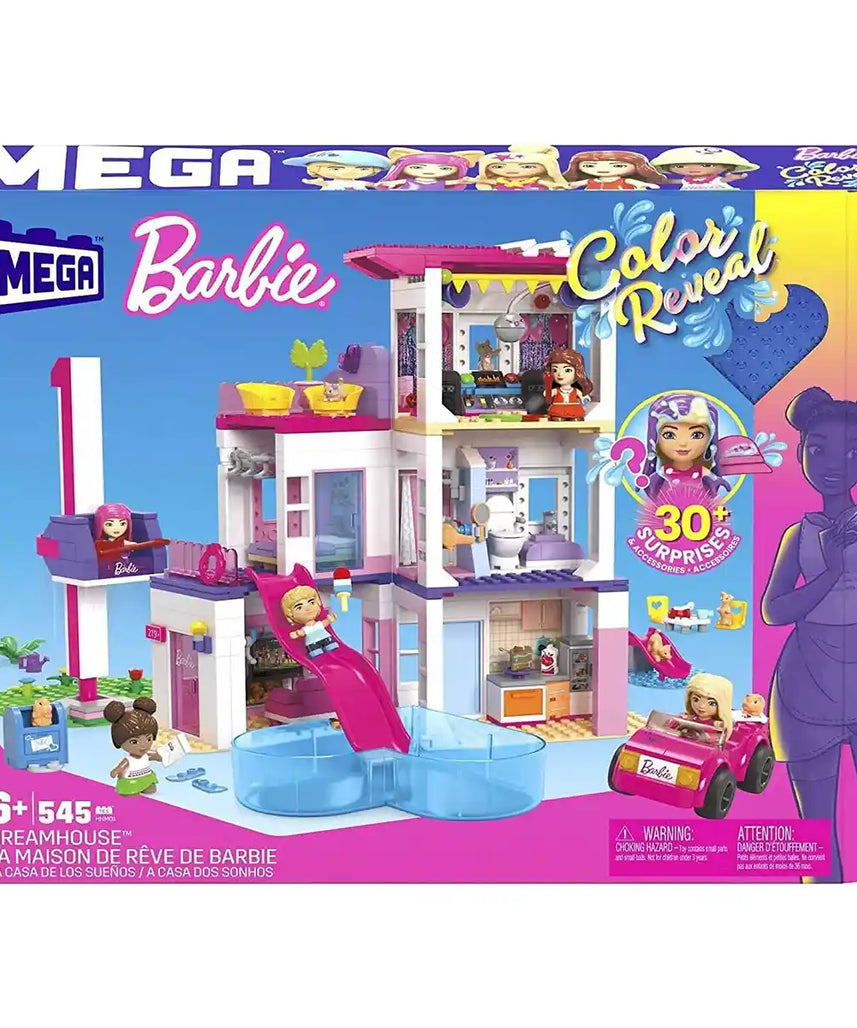 Mega Barbie Dreamhouse Building Set with 5 Color Reveal Micro-Dolls, Pets, Working Elevator and Pool for Kids 6 Years+