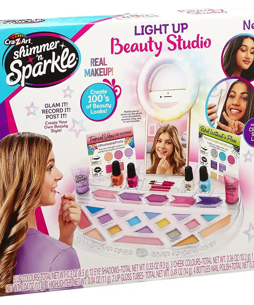 Shimmer N Sparkle Light-Up Beauty Studio, SNS-17346, Selfie Makeup Kit, Phone Holder, USB Charging, Girls Toy