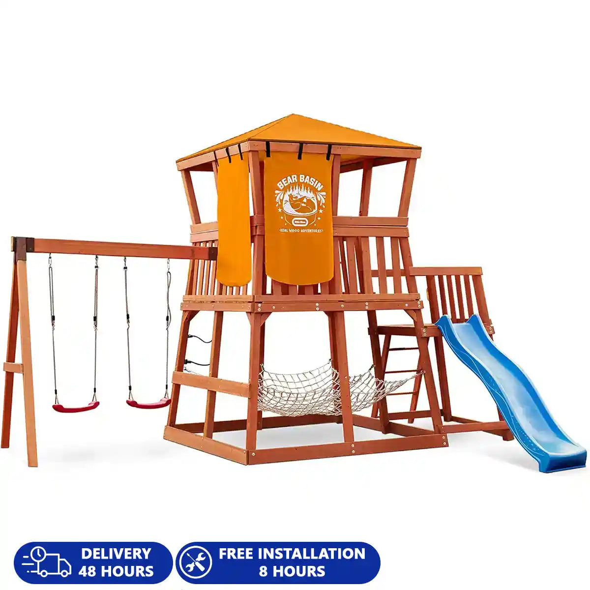 مجموعة ألعاب خارجية من ليتل تايكس مغامرات الدب من الخشب الحقيقي، ملعب خشبي في الفناء الخلفي مع أراجيح، وزحليقة، ونادي، وشبكة شحن، وبرج مراقبة، للأعمار من 3 سنوات فما فوق، مجموعات ألعاب ومعدات ملعب