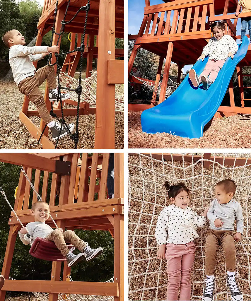 مجموعة ألعاب خارجية من ليتل تايكس مغامرات الدب من الخشب الحقيقي، ملعب خشبي في الفناء الخلفي مع أراجيح، وزحليقة، ونادي، وشبكة شحن، وبرج مراقبة، للأعمار من 3 سنوات فما فوق، مجموعات ألعاب ومعدات ملعب