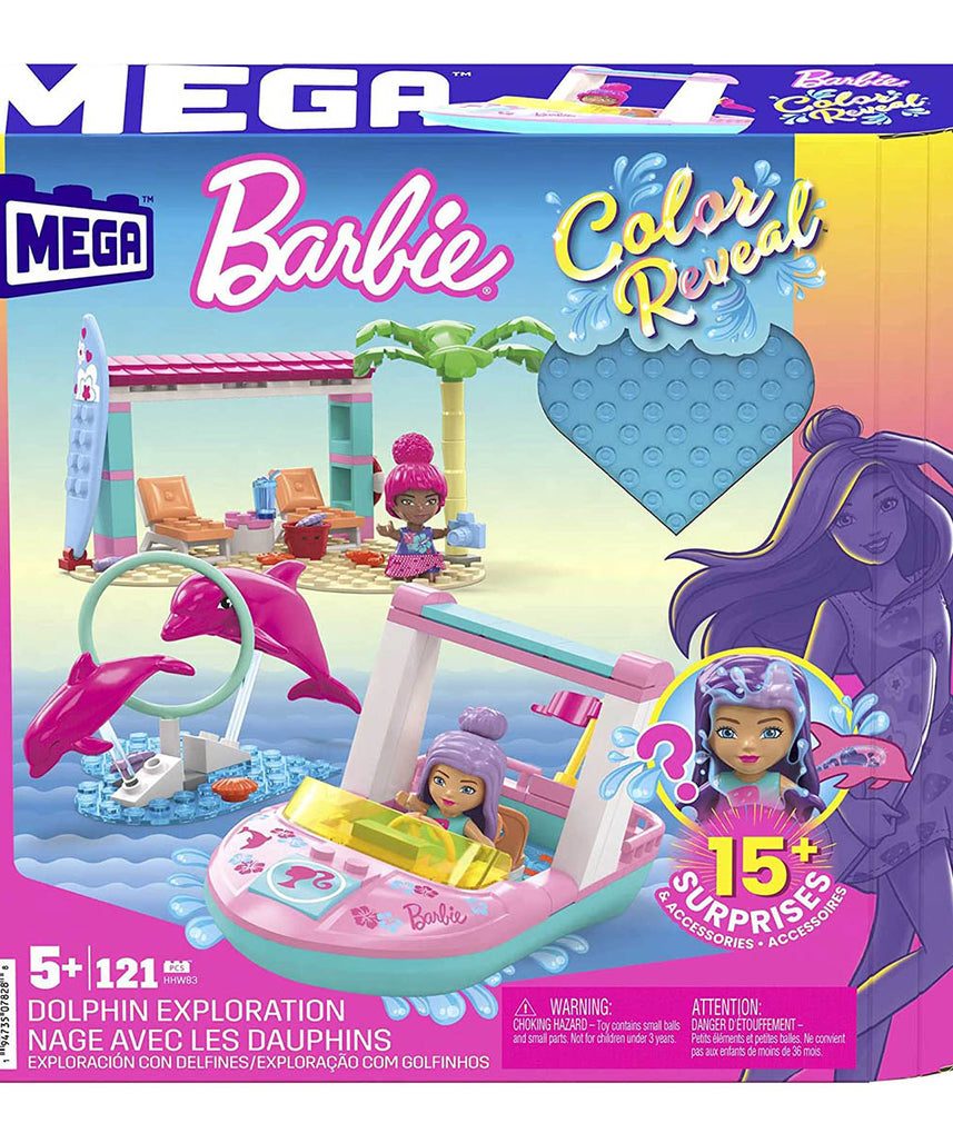 Barbie Color Reveal Dolphin Exploration Playset, 2 Micro-Dolls with Dolphins, 114 Building Bricks and Accessories for Creative Play