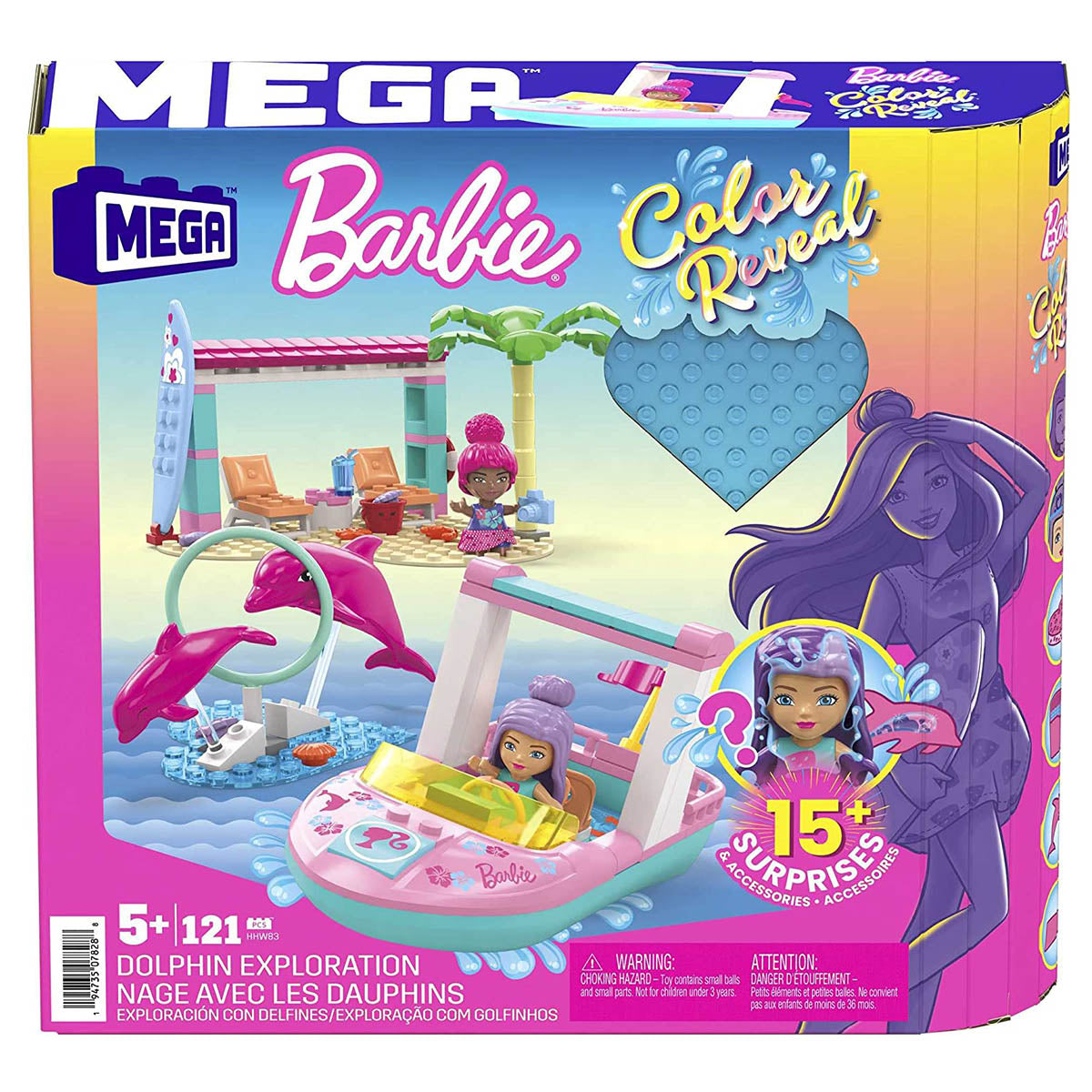 Barbie Color Reveal Dolphin Exploration Playset, 2 Micro-Dolls with Dolphins, 114 Building Bricks and Accessories for Creative Play