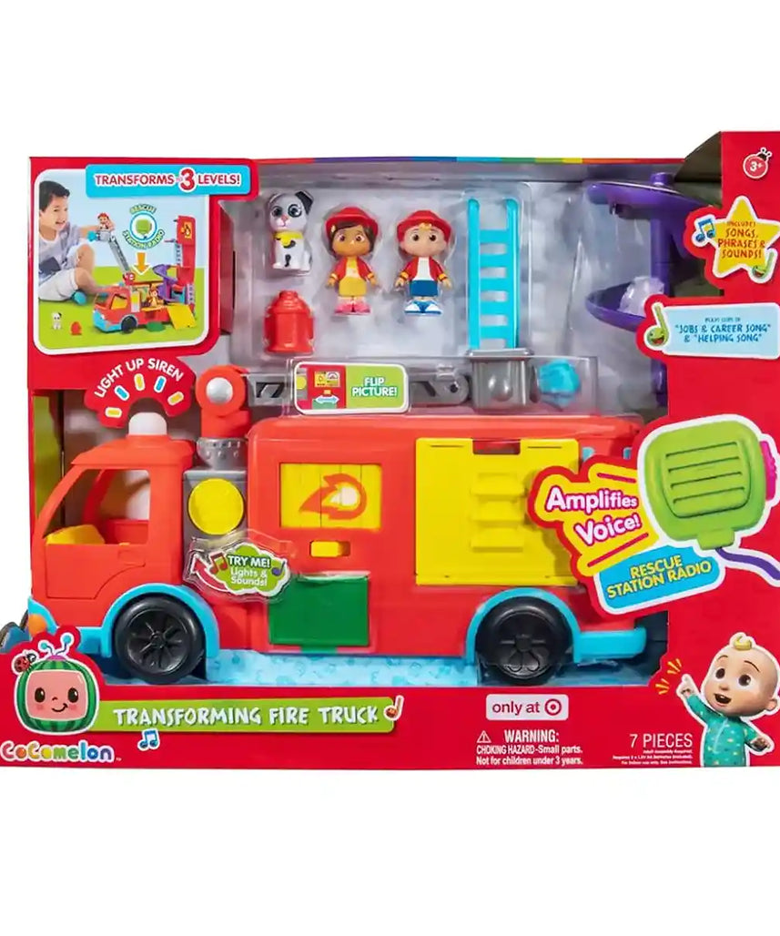 لعبة شاحنة الإطفاء المتحولة الفاخرة من كوكوميلون، مجموعة لعب تعمل بالبطارية مع أضواء وأصوات وسلّم، لشخصيتي رجلي الإطفاء جيه جيه ونينا للأطفال