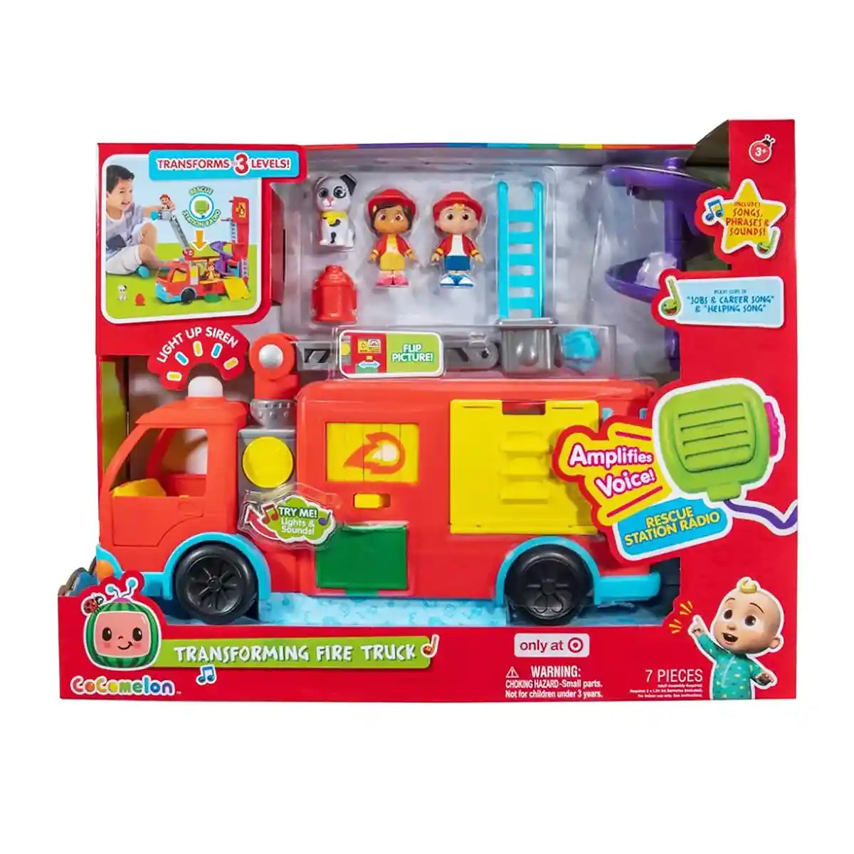 لعبة شاحنة الإطفاء المتحولة الفاخرة من كوكوميلون، مجموعة لعب تعمل بالبطارية مع أضواء وأصوات وسلّم، لشخصيتي رجلي الإطفاء جيه جيه ونينا للأطفال