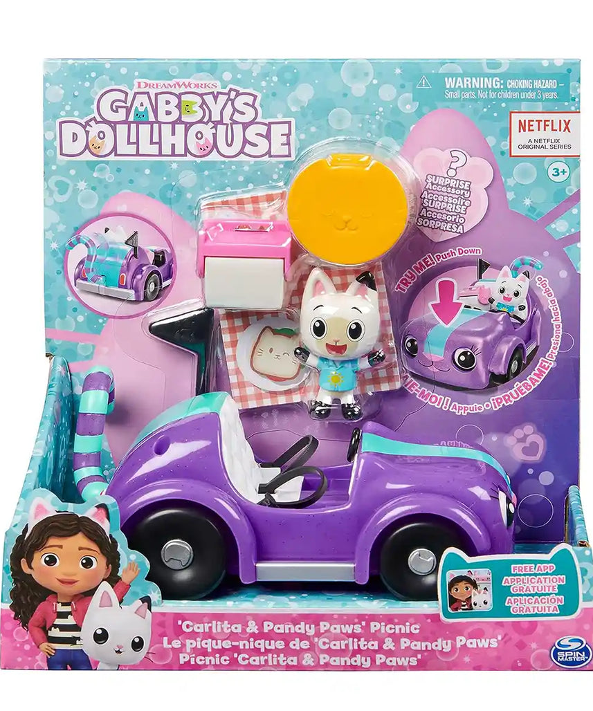 Gabby’s Dollhouse Carlita and Pandy Paws Picnic Set, Interactive Vehicle with Blinking Eyes and Moving Tail, Includes Exclusive Pandy Paws Figure, Picnic Accessories, Surprise Box, Toys for Kids Ages 3+