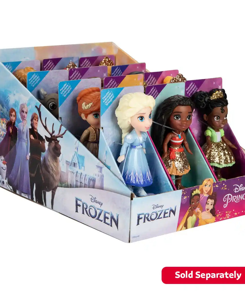 دمى ديزني برنسيس وفروزن الصغيرة للأطفال الصغار مقاس 3 بوصات قابلة للتجميع، تتضمن موانا، بيل، مولان، تيانا، إلسا، كريستوف، سفين، أولاف، والمزيد - لعبة تظاهرية للبنات من سن 3 سنوات فما فوق