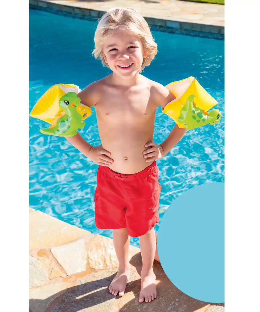 Intex Dinosaur Arm Bands 9 x 8 inches, Inflatable Swim Arm Floats for Kids Ages 3 to 6, 2 Air Chambers, 8 Gauge Vinyl, Pegable Box, Swim Aids