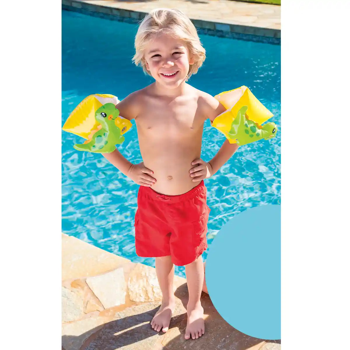Intex Dinosaur Arm Bands 9 x 8 inches, Inflatable Swim Arm Floats for Kids Ages 3 to 6, 2 Air Chambers, 8 Gauge Vinyl, Pegable Box, Swim Aids