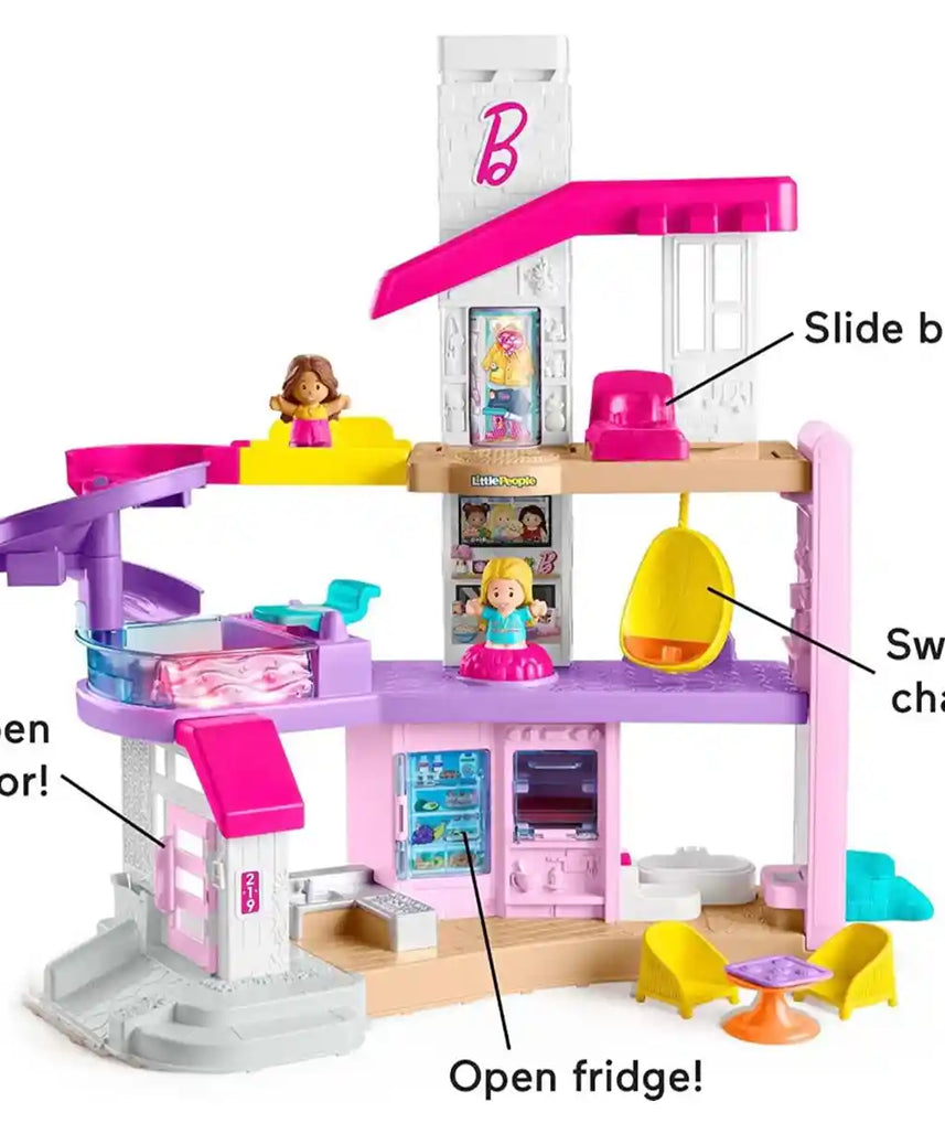 فيشر برايس باربي ليتل دريم هاوس ليتل بيبول، مجموعة ألعاب تفاعلية للأطفال الصغار مع مصعد ومنزلق حلزوني وأضواء وموسيقى وشخصيات مناسبة للأعمار من 18 شهرًا فما فوق