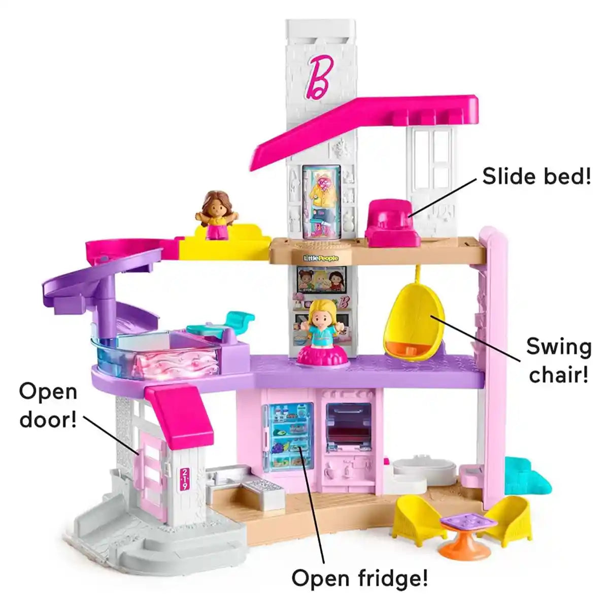 فيشر برايس باربي ليتل دريم هاوس ليتل بيبول، مجموعة ألعاب تفاعلية للأطفال الصغار مع مصعد ومنزلق حلزوني وأضواء وموسيقى وشخصيات مناسبة للأعمار من 18 شهرًا فما فوق