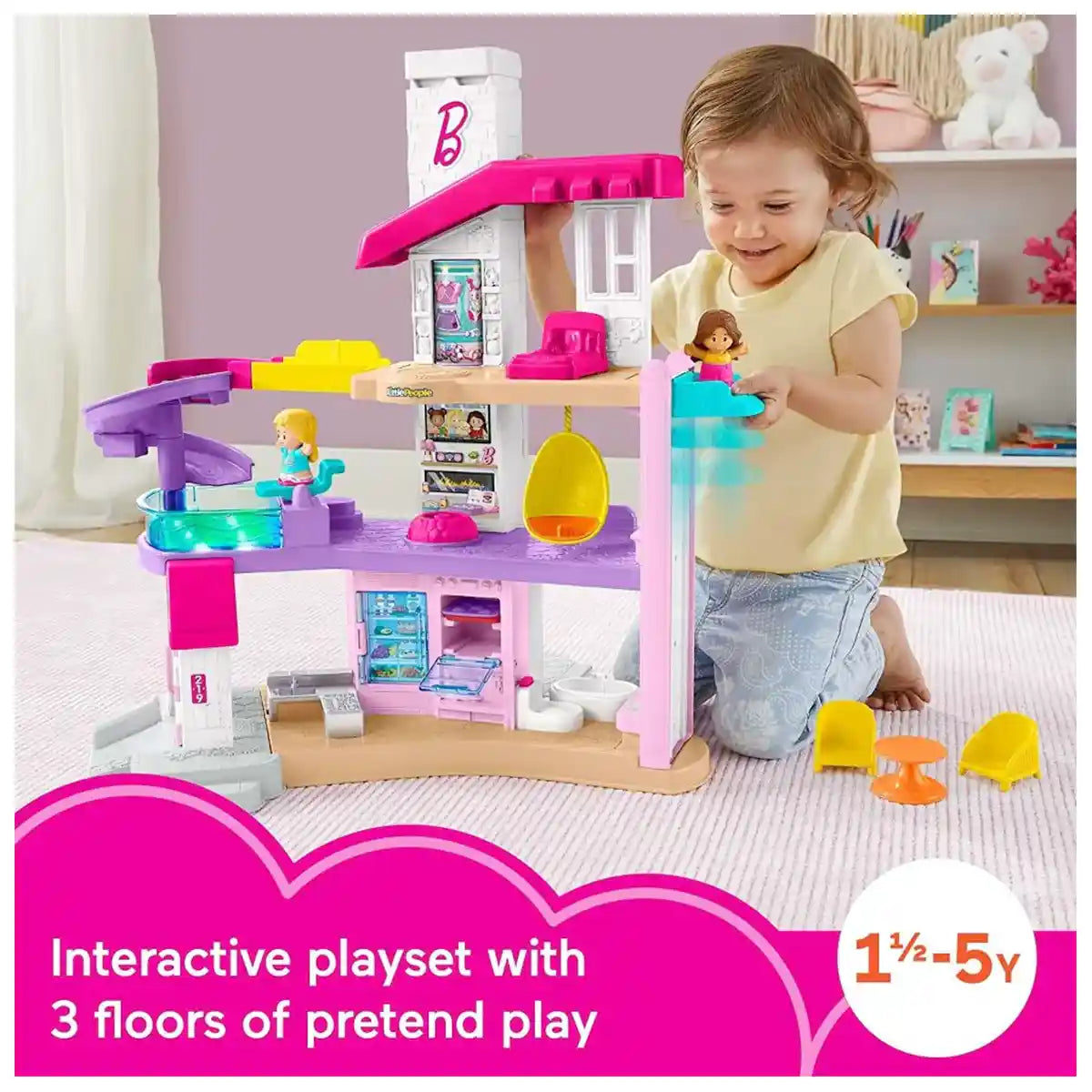 فيشر برايس باربي ليتل دريم هاوس ليتل بيبول، مجموعة ألعاب تفاعلية للأطفال الصغار مع مصعد ومنزلق حلزوني وأضواء وموسيقى وشخصيات مناسبة للأعمار من 18 شهرًا فما فوق