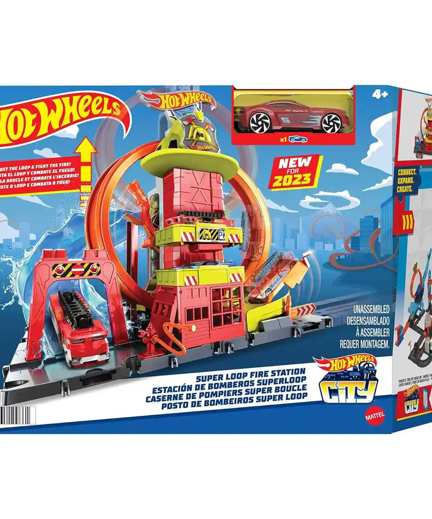 مجموعة ألعاب محطة إطفاء هوت ويلز سيتي سوبر لوب، مجموعة مسارات حلقية قابلة للتعديل مع شاحنة إطفاء واحدة، ميزات محطة الإطفاء، مواقف سيارات ومسارات قابلة للتوصيل، ألعاب للأطفال من سن 4 سنوات فما فوق