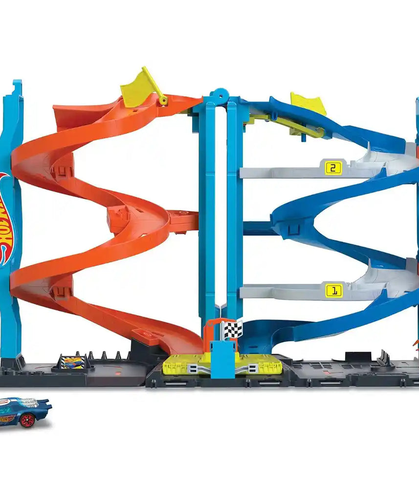 Hot Wheels City Transforming Race Tower Playset, 26-Inch Track Set with 1 Hot Wheels Car, Dual-Lane Racing, Elevator, Twist Tracks, Kids Toys for Ages 3+
