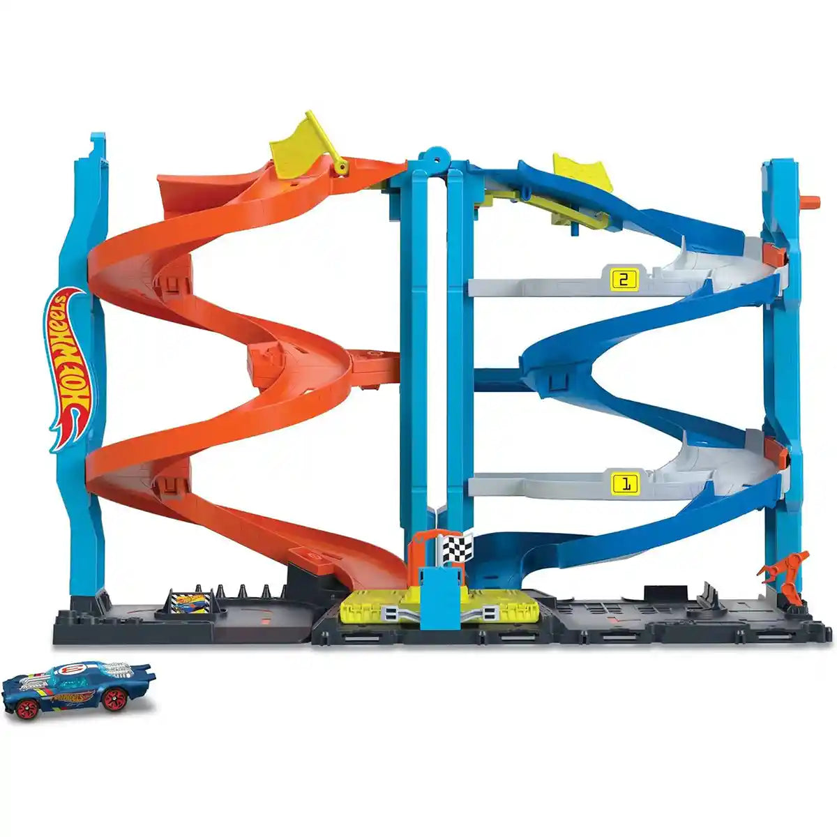 Hot Wheels City Transforming Race Tower Playset, 26-Inch Track Set with 1 Hot Wheels Car, Dual-Lane Racing, Elevator, Twist Tracks, Kids Toys for Ages 3+