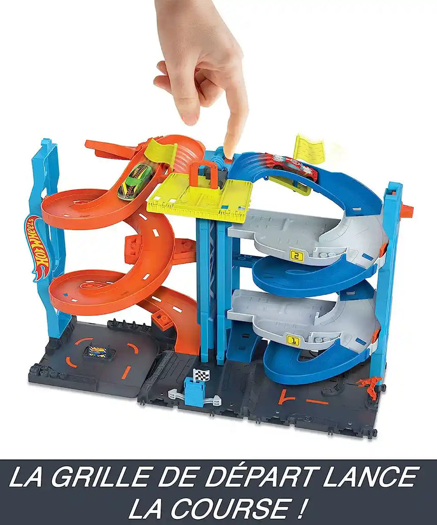 Hot Wheels City Transforming Race Tower Playset, 26-Inch Track Set with 1 Hot Wheels Car, Dual-Lane Racing, Elevator, Twist Tracks, Kids Toys for Ages 3+