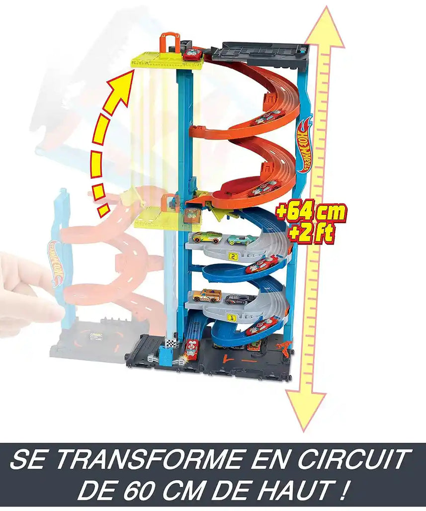 Hot Wheels City Transforming Race Tower Playset, 26-Inch Track Set with 1 Hot Wheels Car, Dual-Lane Racing, Elevator, Twist Tracks, Kids Toys for Ages 3+