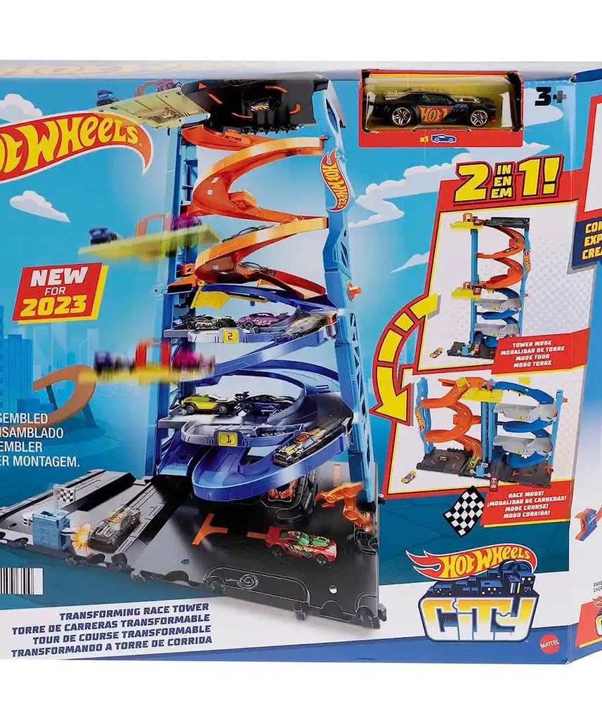 Hot Wheels City Transforming Race Tower Playset, 26-Inch Track Set with 1 Hot Wheels Car, Dual-Lane Racing, Elevator, Twist Tracks, Kids Toys for Ages 3+