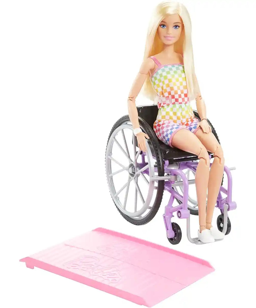 Barbie Fashionistas Doll #194 with Wheelchair and Ramp Inclusive Doll for Kids Ages 3 and Up, Blonde Hair, Rainbow Romper and Accessories